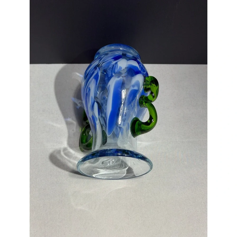 Pier 1 Imports Blue white Swirl Hand Blown Glass Vase with Green Handles